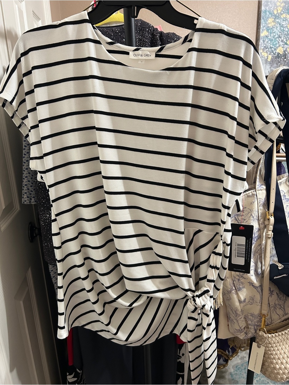 Olivia Grey White and Black Striped Side-Tie Short Sleeve Tee